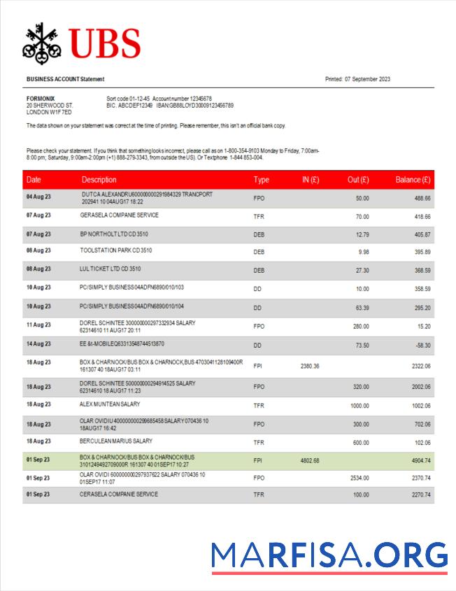 Blank UBS Bank corporate checking account statement Word and PDF template